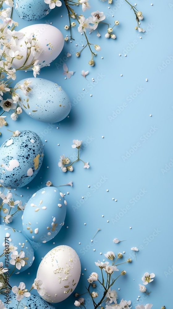 Easter eggs and spring flowers on a blue background with space for text, top view. Generated ai.