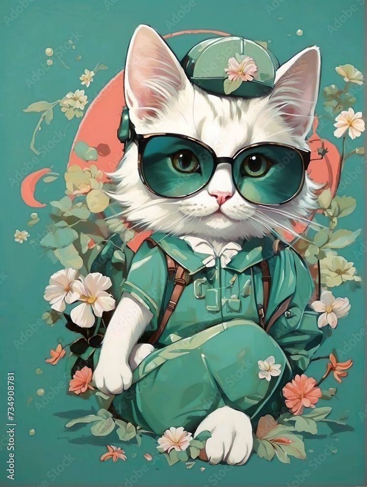 Fototapeta premium Kawaii Luck Stylish White Cat Vector T-Shirt Design with Japanese Style on a Light Aquamarine Background