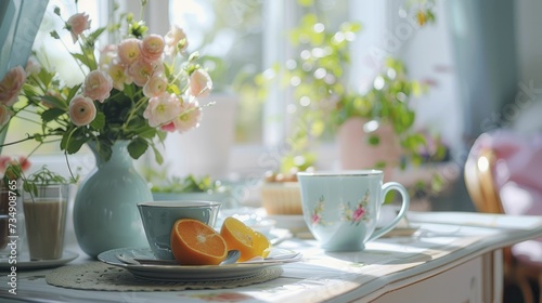 charming breakfast nook with pastel tableware in soft pop colors photo