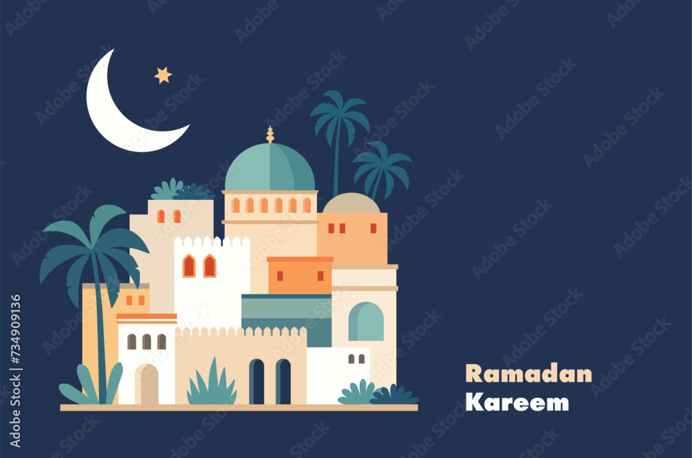 Greeting card, invitation for muslim holiday Ramadan Kareem. Colorful arab houses, date palm trees. Moon, stars at night. Vector illustrations, flat design. Template, copy space. Festive web banner.