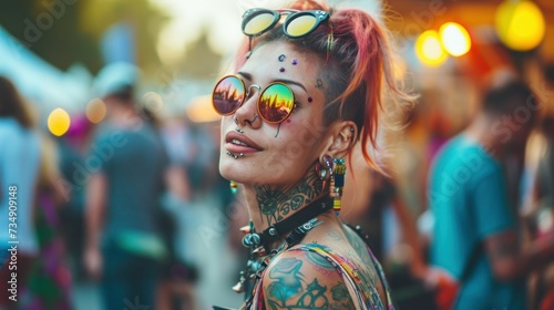 Portrait confident young woman with sunglasses at summer music festival campsite