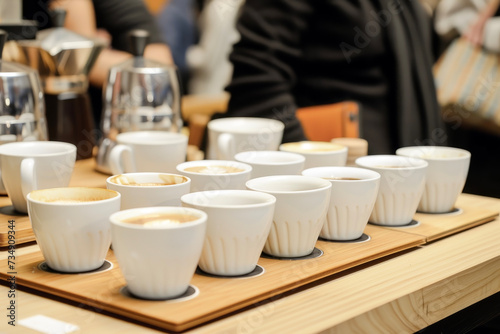 Coffee Tasting Event Held in a Coffee Shop. Capturing the Scene of Tasting Cups and Coffee Boards Lined Up, Along with Customers Experiencing the Taste of Different Coffees.