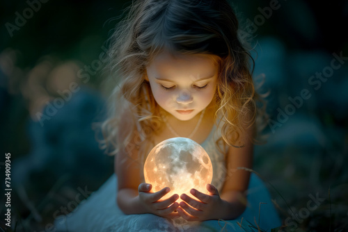 Cute little girl holding a moon in her hands.