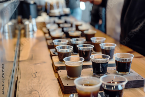 Coffee Tasting Event Held in a Coffee Shop. Capturing the Scene of Tasting Cups and Coffee Boards Lined Up, Along with Customers Experiencing the Taste of Different Coffees.