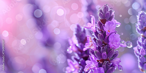 Close-up shot of beautiful purple lavender flower blossoming in a garden on sunny day. Lavandula blooming in nature  vivid colorful background.