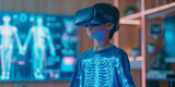 Asian boy wearing VR goggles using augmented reality to study human anatomy. Using modern technologies to teach kids. Augmented reality, future technology, AI concept.