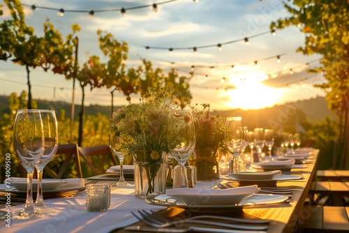 Stunning table arrangement for a wedding of festive event against a breathtaking backdrop of vineyards on summer sunset.