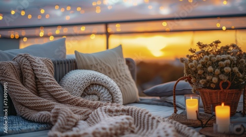 Sunset view gentle from balcony adorned with soft throws in soft pop