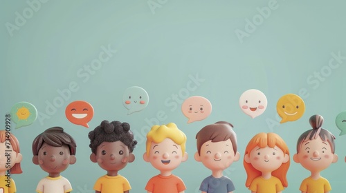 group of cartoon kids in soft pop colored attire, their speech bubbles filled with positive emojis photo