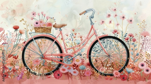 Bicycle in drawing, soft pop colored with basket full of joyful flowers