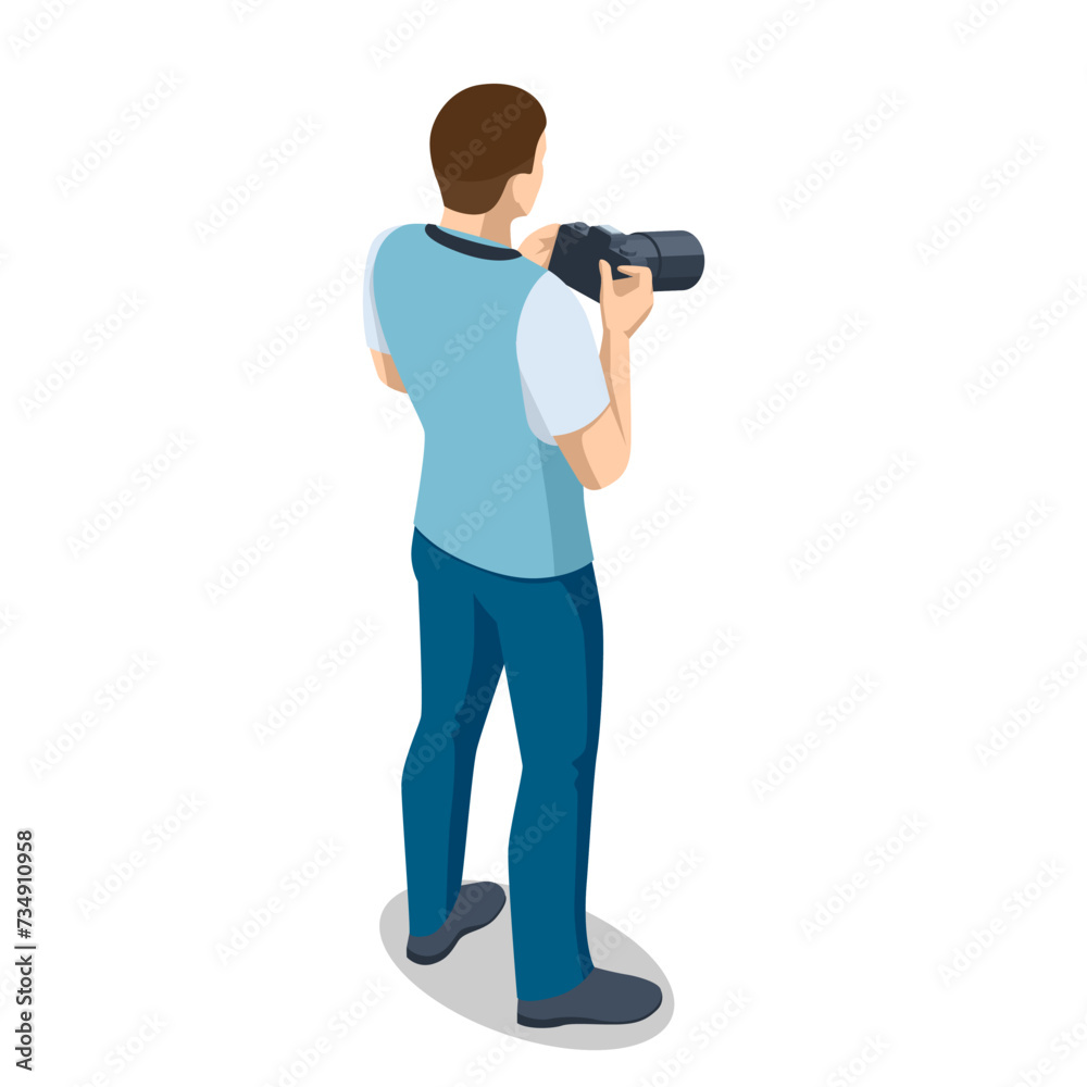 Isometric man Photographer with dslr Camera. Digital photo camera. Home hobby, lifestyle, travel, people concept. Professional Photographer Isometric man Photographer with dslr Camera. Digital photo camera. Home hobby, lifestyle, travel, people concept. Professional Photographer