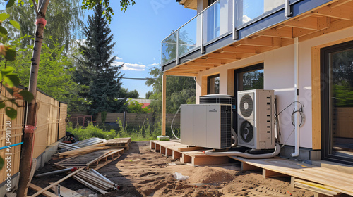 Construction of a heat pump in the yard of a detached house.