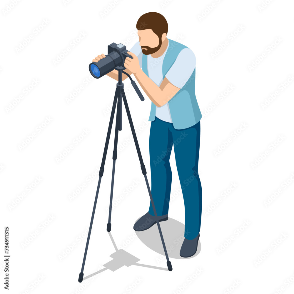 Isometric man Photographer with dslr Cameraon a tripod. Digital photo camera. Home hobby, lifestyle, travel, people concept. Professional Photographer