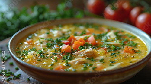 Professional photo of appetizing and tasty hot chicken soup with vegetables, detailed close-up shot