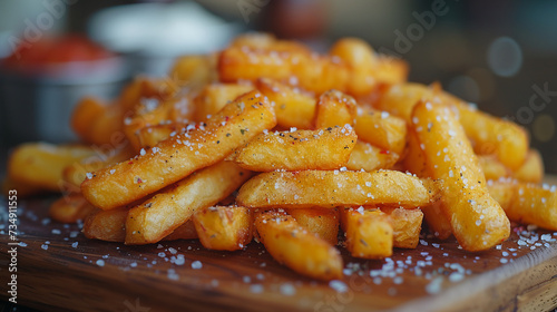 Professional food photo of appetizing and delicious fast food French fries, detailed close-up shot
