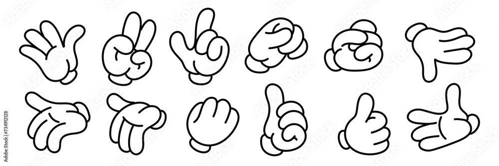 A set of retro gloved hands. A fashionable set of stylish cartoon hands showing various gestures. Toy gloved hands two fingers, three fingers, thumbs up, cool. Funny pointers or icons A set of retro gloved hands. A fashionable set of stylish cartoon hands showing various gestures. Toy gloved hands two fingers, three fingers, thumbs up, cool. Funny pointers or icons