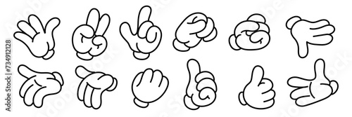 A set of retro gloved hands. A fashionable set of stylish cartoon hands showing various gestures. Toy gloved hands two fingers, three fingers, thumbs up, cool. Funny pointers or icons