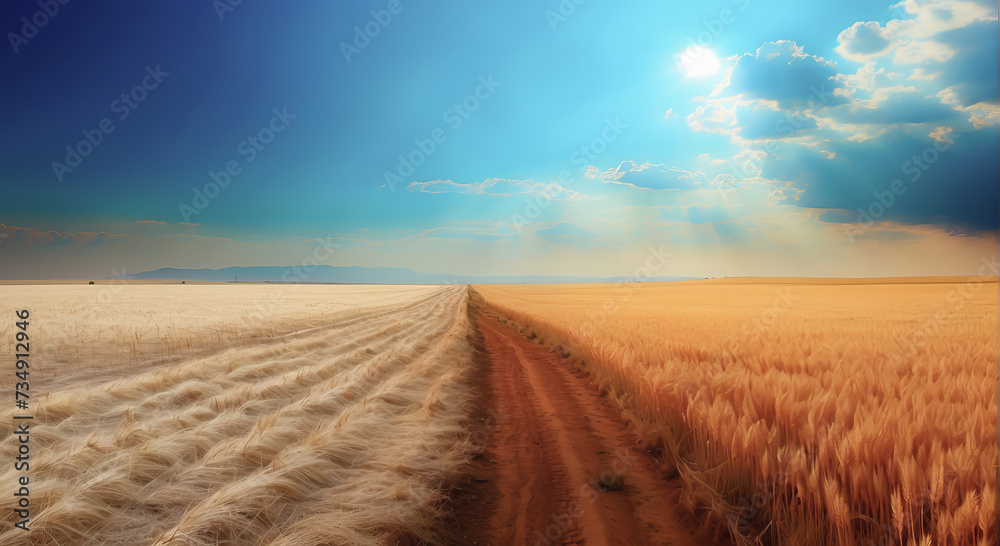 dramatic image of two opposite environments: a barren land with dry soil and a fertile field with golden wheat. dramatic image of two opposite environments: a barren land with dry soil and a fertile field with golden wheat.