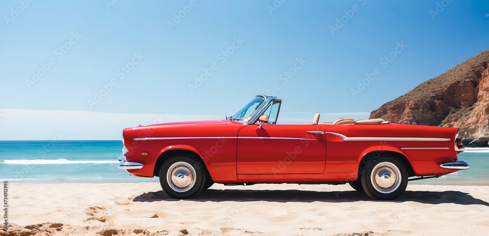 fancy red car parked along beautiful broad beach under blue clear sky, with copy space, travel concept landscape scene.