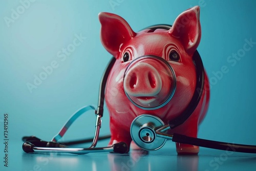 Piggy bank with stethoscope. money health check concept. Health care financial checkup and saving for medical insurance cost planning in the future.
