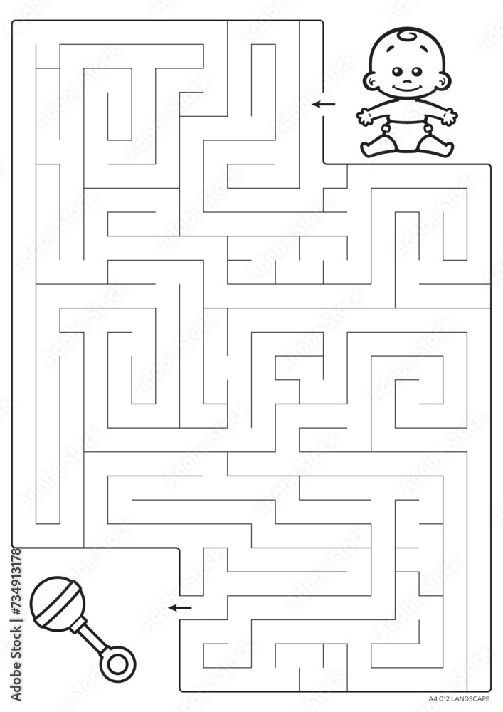 Vector black line printable maze. Format A4. Coloring book educational maze with little baby ...