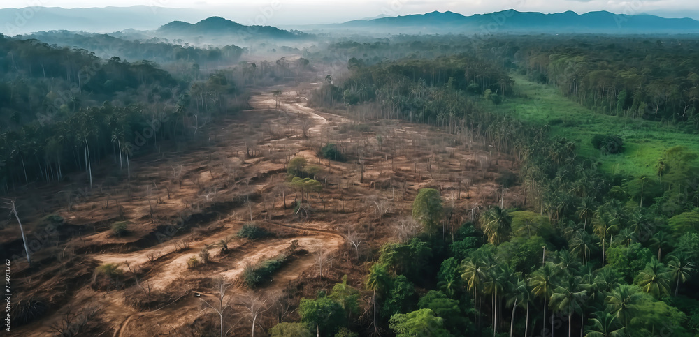 Aerial view of deforestation. environmental destruction due to tropical deforestation
