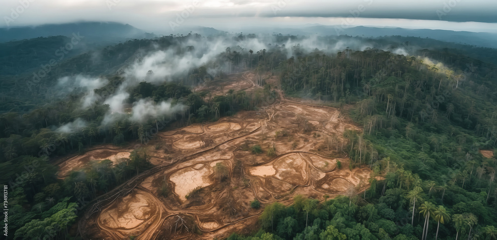 Aerial view of deforestation. environmental destruction due to tropical deforestation
