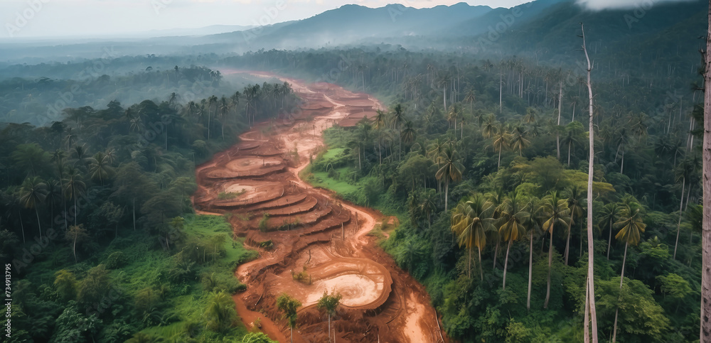 Aerial view of deforestation. environmental destruction due to tropical deforestation