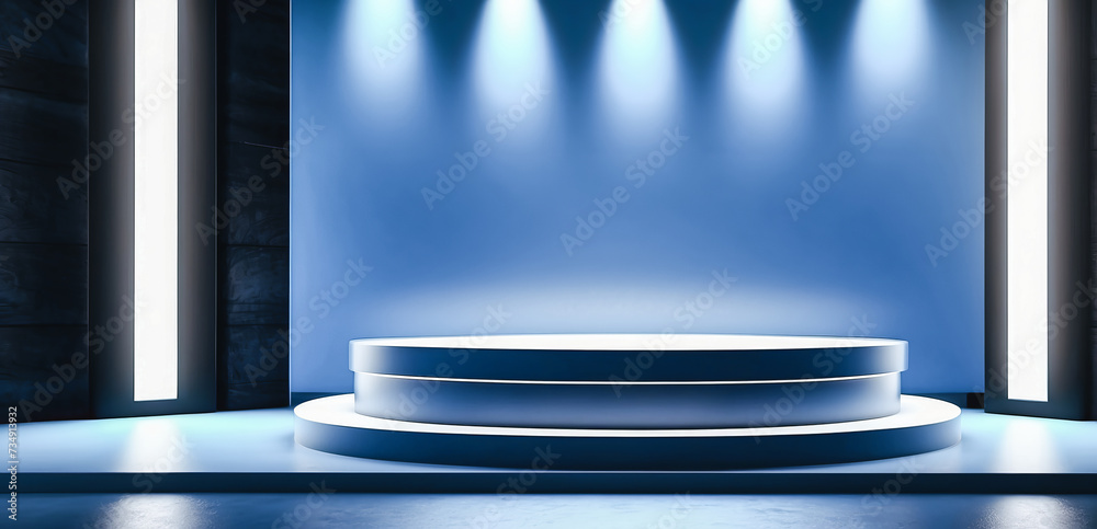 An empty podium scene for a product presentation with blue dramatic lighting strikes