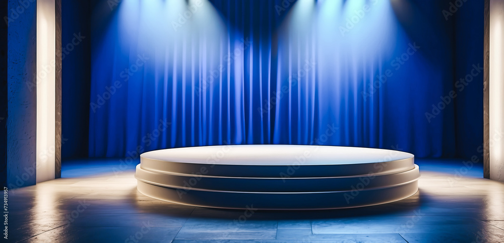 An empty podium scene for a product presentation with blue dramatic lighting strikes
