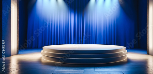 Obraz na płótnie An empty podium scene for a product presentation with blue dramatic lighting strikes w salonie