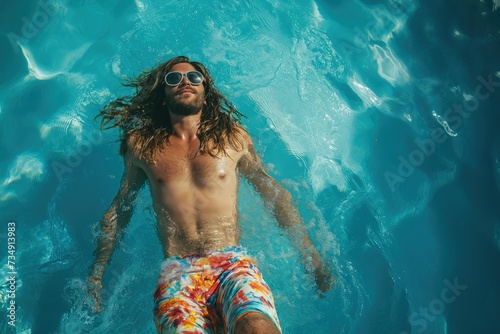 A hipster man wearing sunglasses and with long hair swimming in a pool while wearing a pair of swimming goggles.