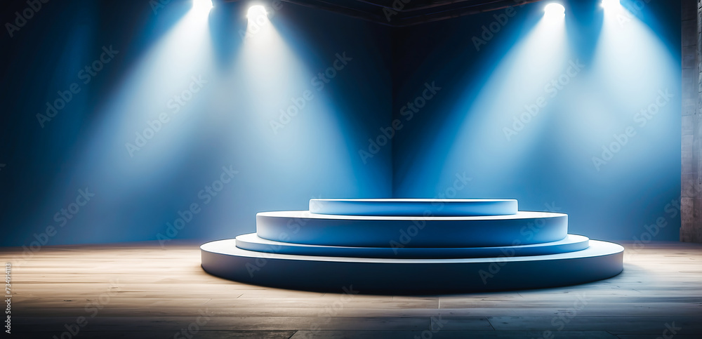 An empty podium scene for a product presentation with blue dramatic lighting strikes