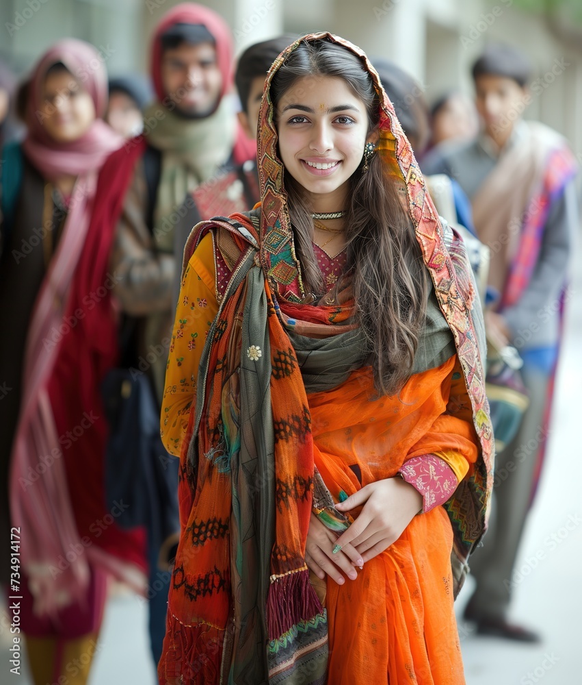 A woman dressed in an orange sari stands confidently in front of a diverse group of individuals, including Indian students at an American university.