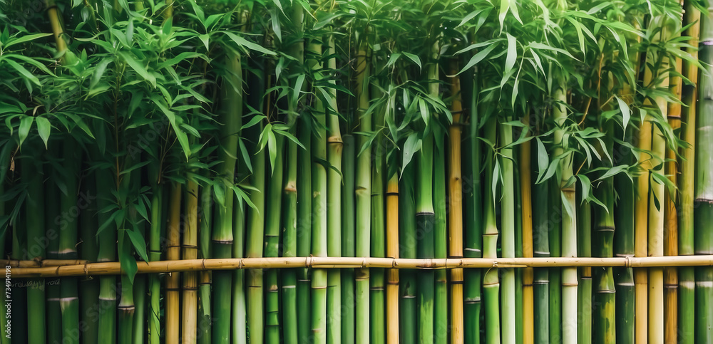 bamboo fence background, empty space surrounded with green bamboo leaves