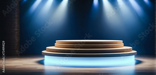 Obraz na płótnie An empty podium scene for a product presentation with blue dramatic lighting strikes w salonie