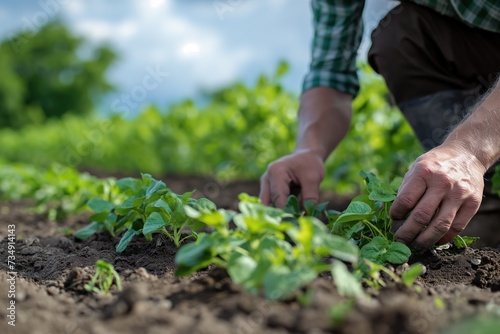 A man is actively working in a field filled with thriving green plants during the spring sowing season.