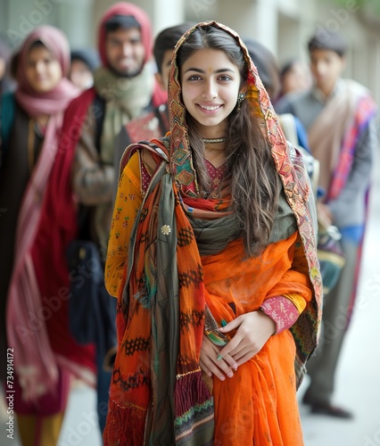 A woman dressed in an orange sari stands confidently in front of a diverse group of individuals, including Indian students at an American university.