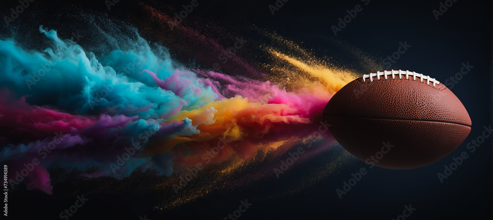 Banner. Dynamic shot of American Football ball flying from colorful dust in motion against black background with negative space to insert text