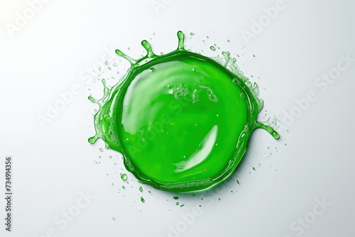 A vivid green dishwashing liquid detergent splashes onto a pristine white surface, creating a captivating display of movement and color.
