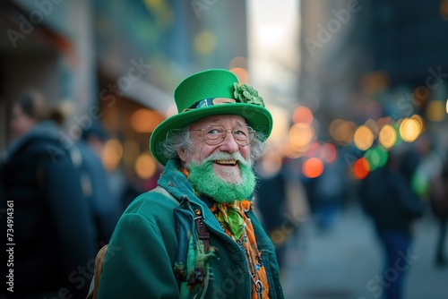 A man wearing a green hat and sporting a green beard at a festival event.