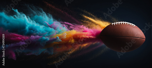 Obraz na płótnie Banner. Dynamic shot of American Football ball flying from colorful dust in motion against black background with negative space to insert text w salonie