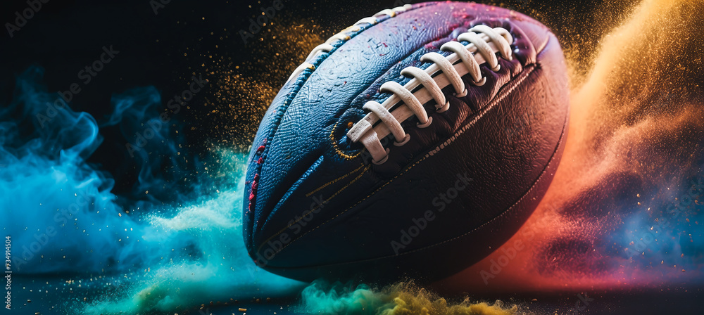 Banner. Dynamic shot of American Football ball flying from colorful dust in motion against black background with negative space to insert text