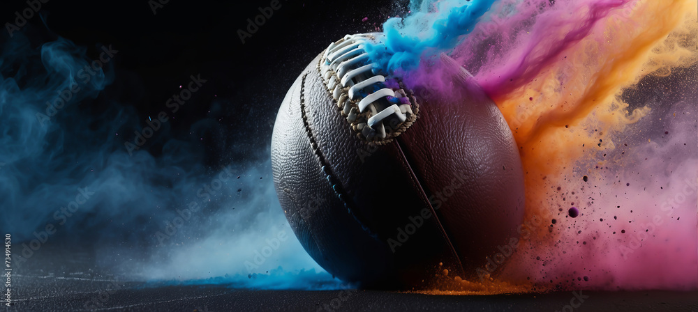 Banner. Dynamic shot of American Football ball flying from colorful dust in motion against black background with negative space to insert text