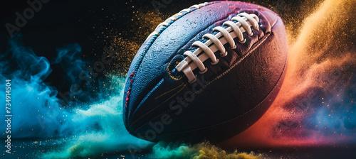 Obraz na płótnie Banner. Dynamic shot of American Football ball flying from colorful dust in motion against black background with negative space to insert text w salonie