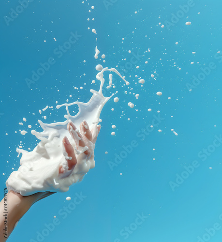 Fashion commercial advertisement. Hand with lotion cream balm milk splashing in the air makeup skincare ad on blue background. copy text space