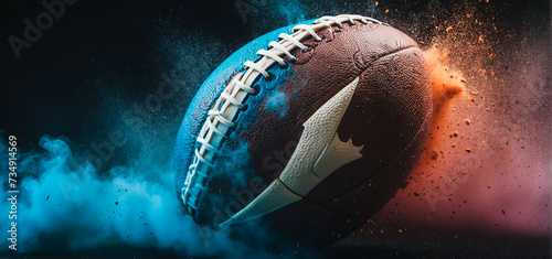 Banner. Dynamic shot of American Football ball flying from colorful dust in motion against black background with negative space to insert text