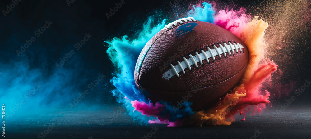 Banner. Dynamic shot of American Football ball flying from colorful dust in motion against black background with negative space to insert text