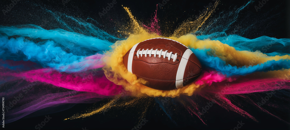 Banner. Dynamic shot of American Football ball flying from colorful dust in motion against black background with negative space to insert text
