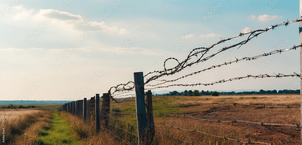 Barbed security wire on a fence in a field or border